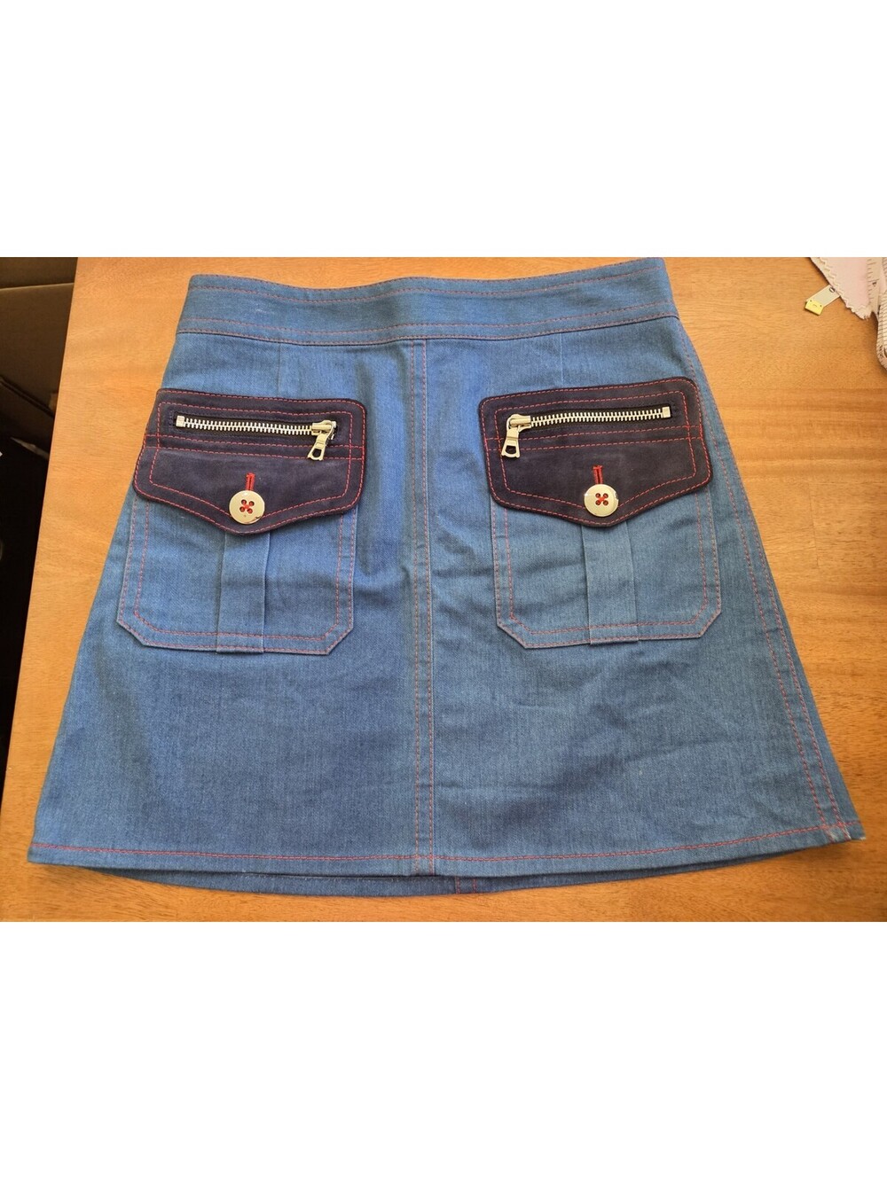 Marc Jacobs Blue Mini Skirt Size 4 Zip Pocket Suede Trim Contrast Stitch